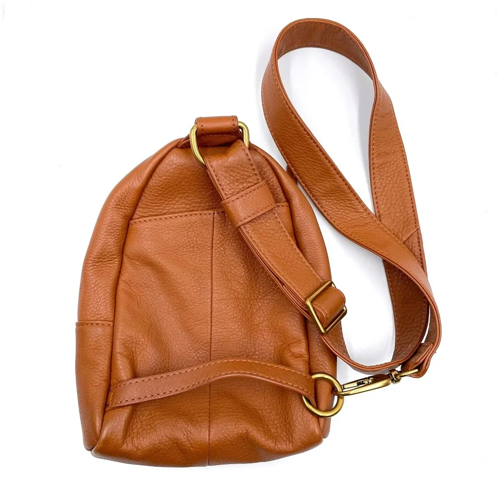 Fern Hobo Sling Bag Pebbled Leather Gold Studded Warm Honey Brown Small‎